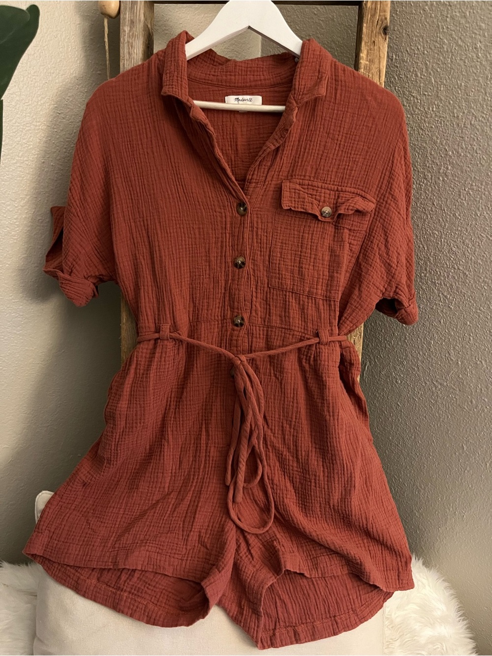 Madewell Rust Button-Front Gauze Romper with Tie Waist